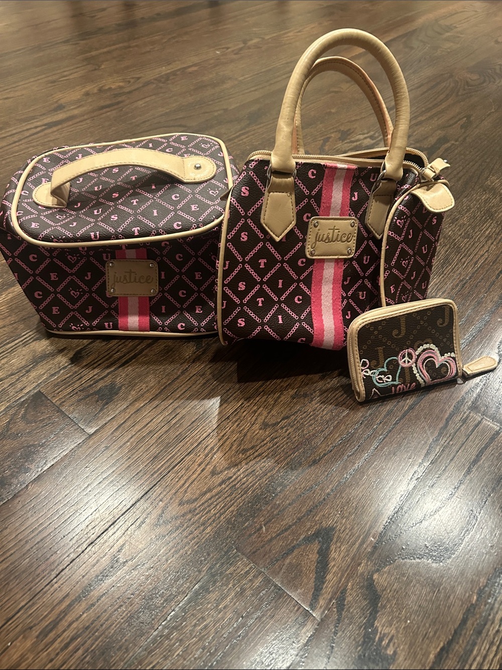 Justice Brown and Pink Monogram Satchel Set with Matching Case & Wallet